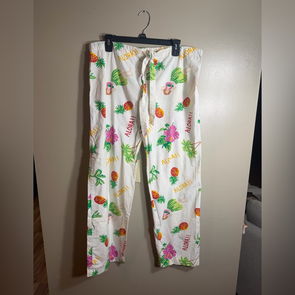 Aegean Apparel Aloha Tropical Print Cotton Pants Pineapple Hula Large